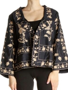 Embroidered Dark Navy & Beige Women's Blazer Jacket